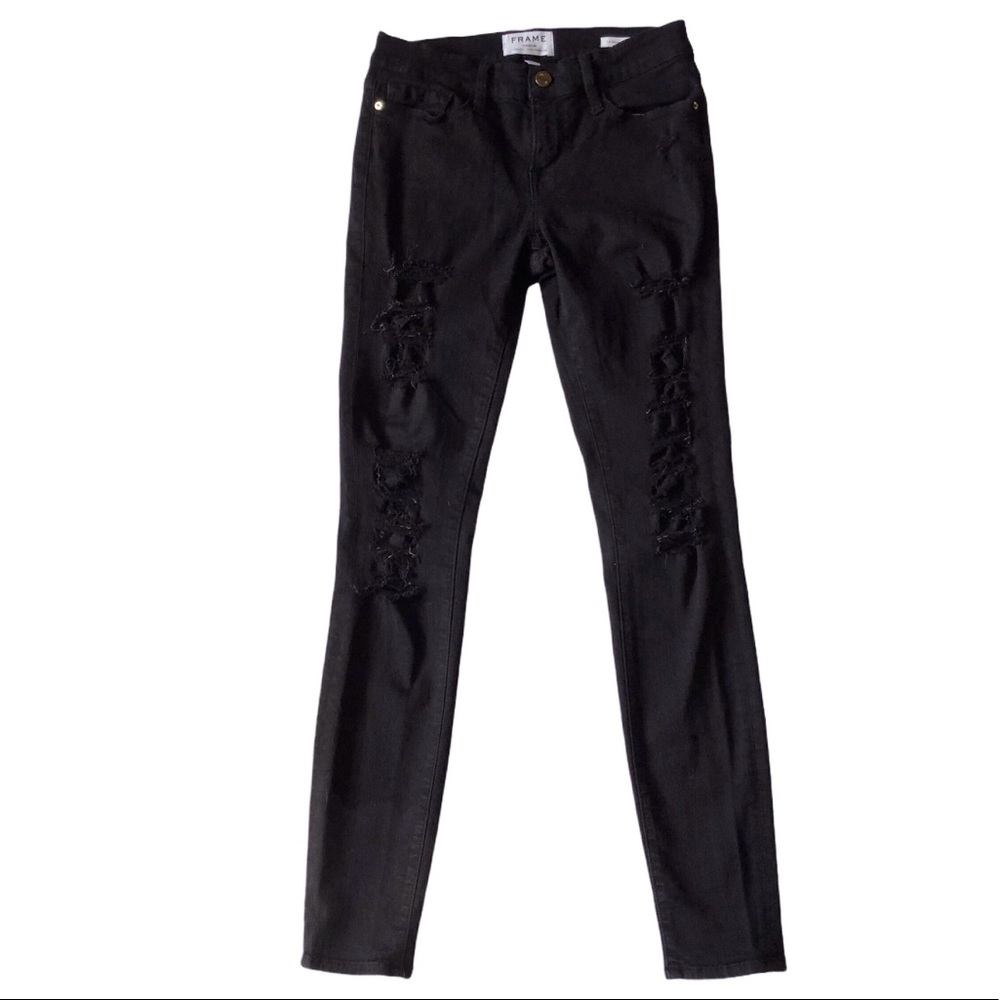 FRAME Black Denim Ripped 26 Le Skinny Film Noir - Picture 4 of 15